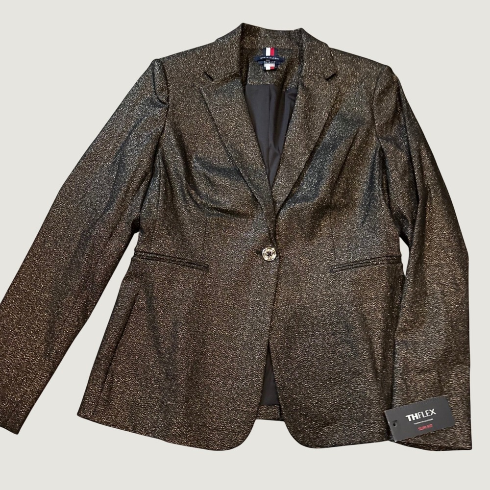 Tommy Hilfiger THFlex Slim Fit Metallic Blazer Black Gold glimmer Size 8 NWT